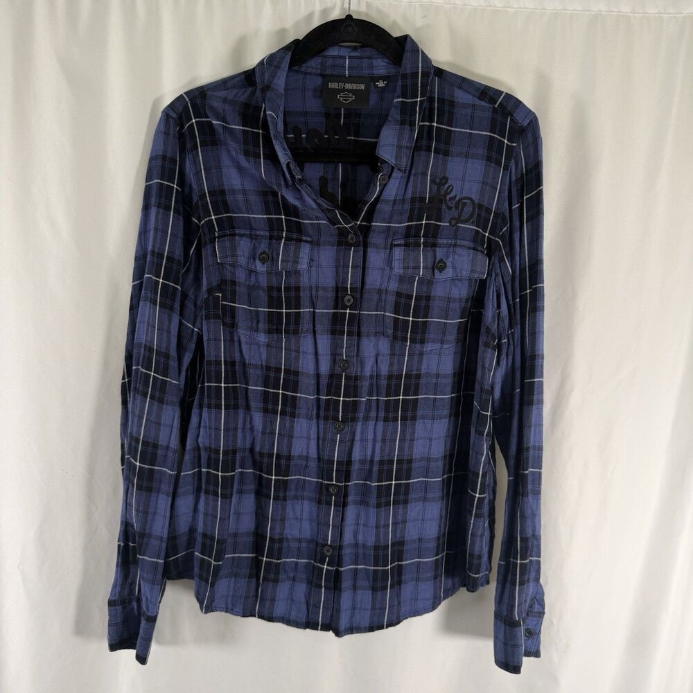 Harley Davidson Flannel Women's XL Blue Plaid Long Sleeve Collared Button Up